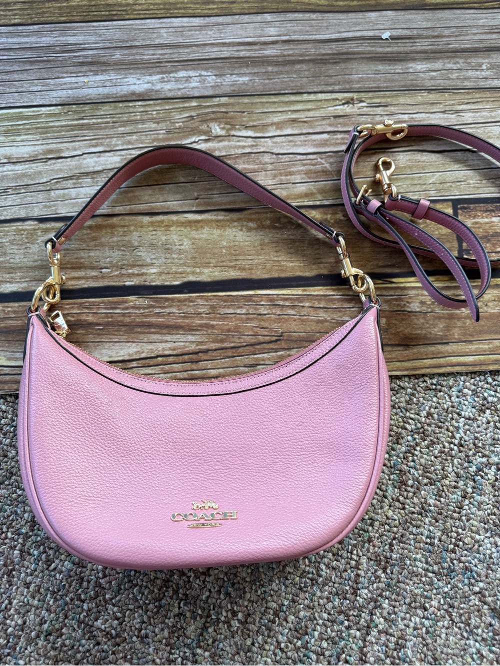 Coach Pink Pebbled Leather Shoulder Bag with Detachable Strap